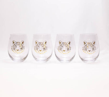 Tiger Wine Glass Gift Set   Clear/Gold   16oz