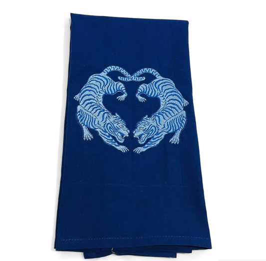 Towel - Twin Tigers Chinoiserie - Blue on navy