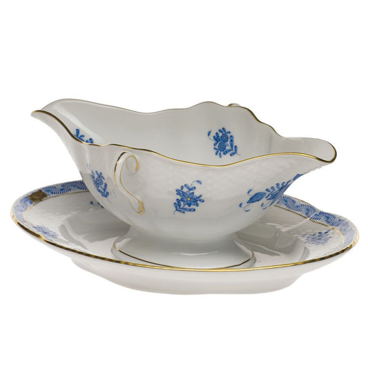 Herend Chinese Bouquet Blue Gravy Boat with Fixed Stand