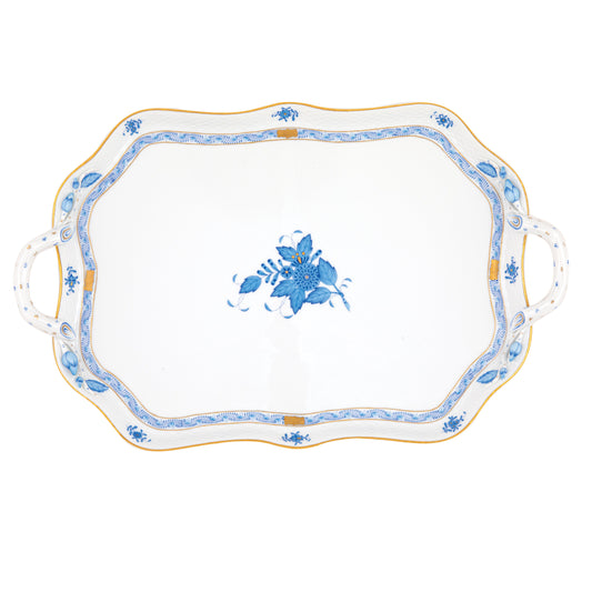Herend Chinese Bouquet Blue Rectangle Tray with Handles