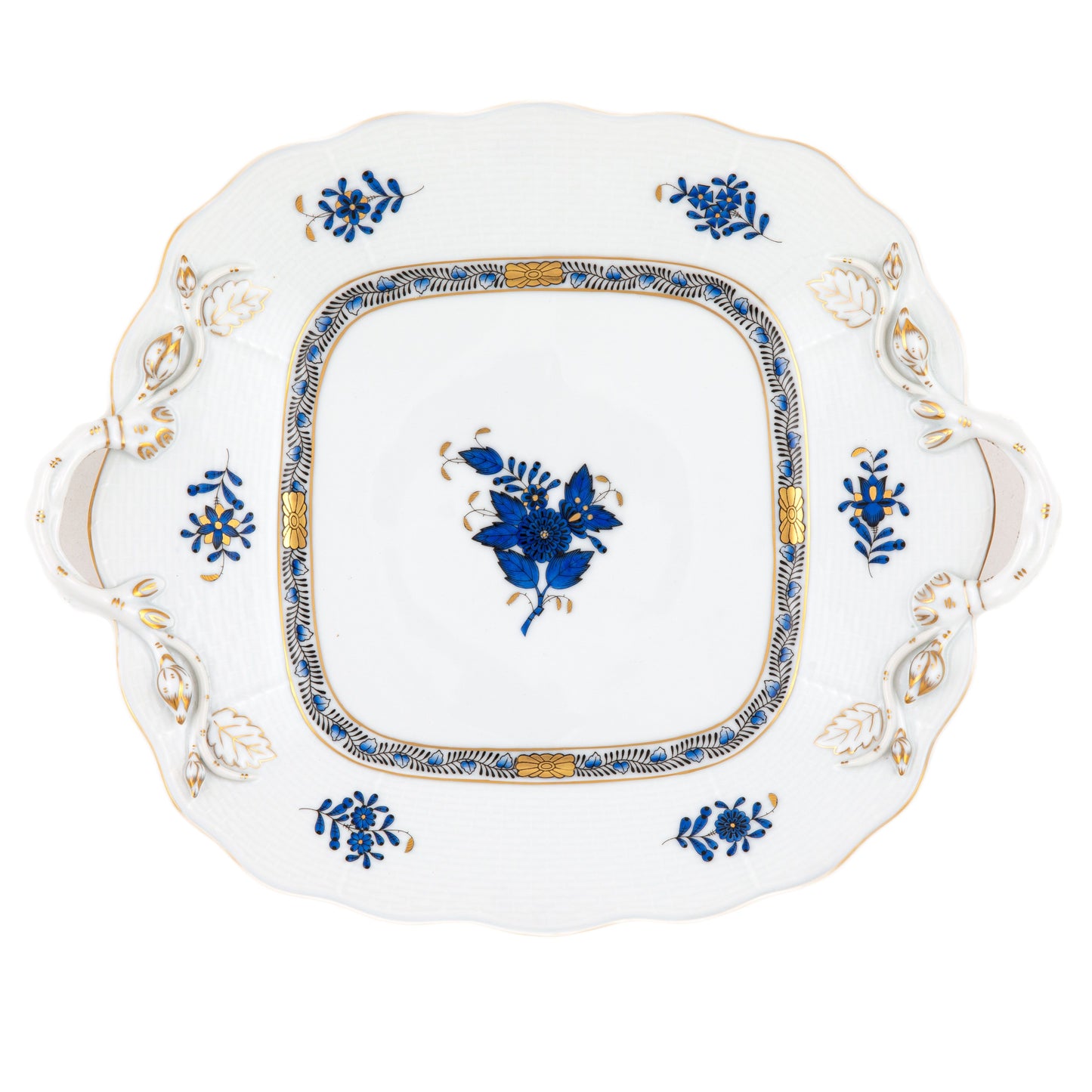 Herend Chinese Bouquet Black Sapphire Cake Plate with Handles