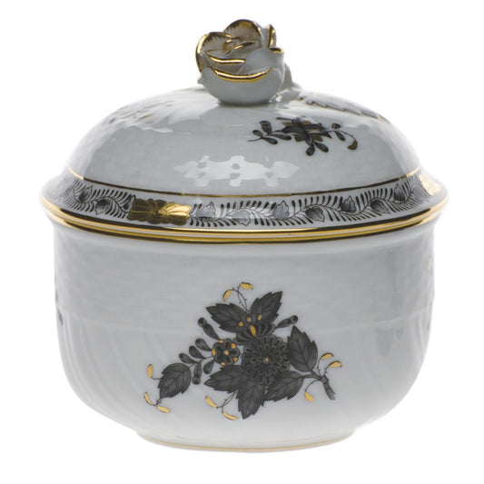 Herend Chinese Bouquet Black Covered Sugar with Rose