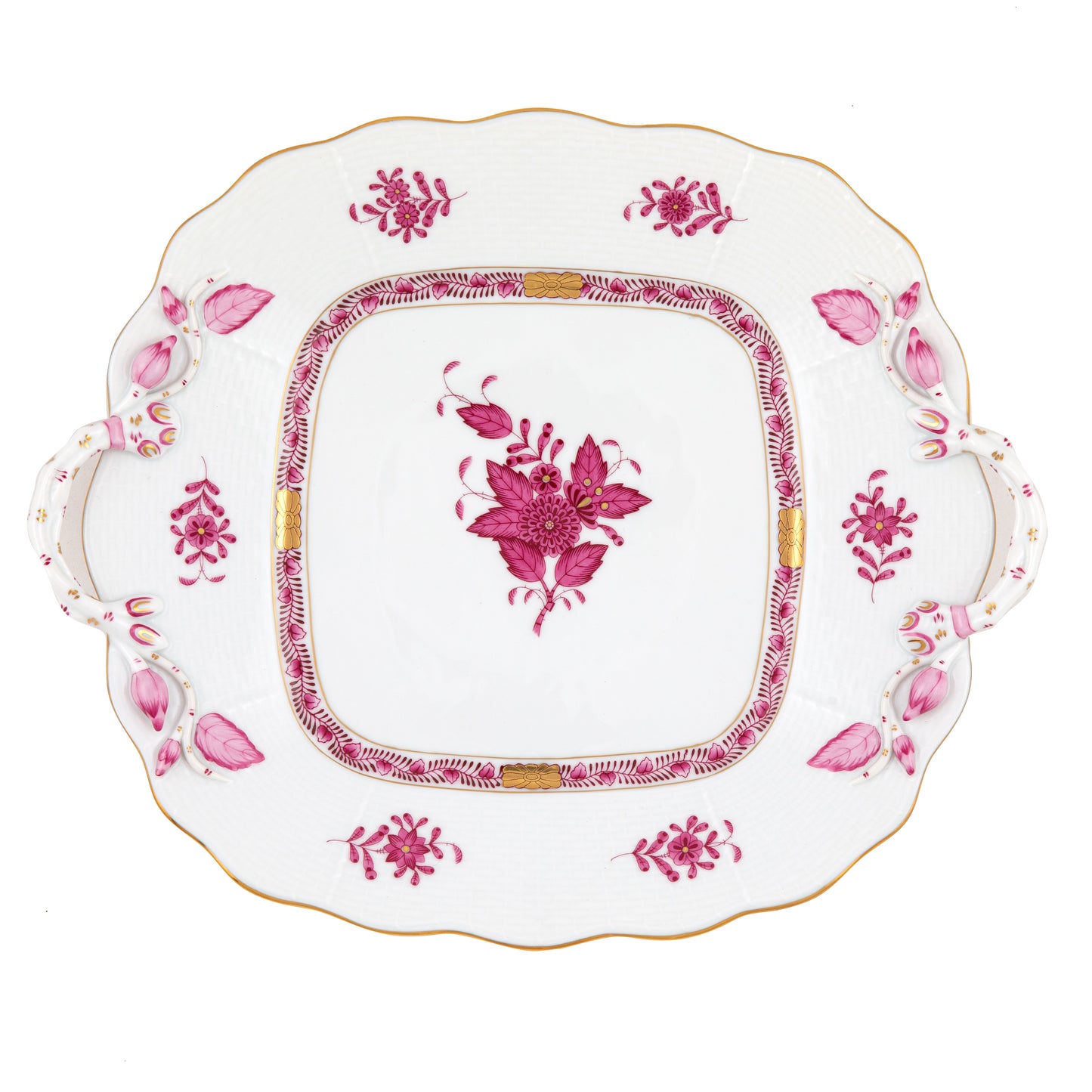 Herend Chinese Bouquet Raspberry Square Cake Plate With Handles