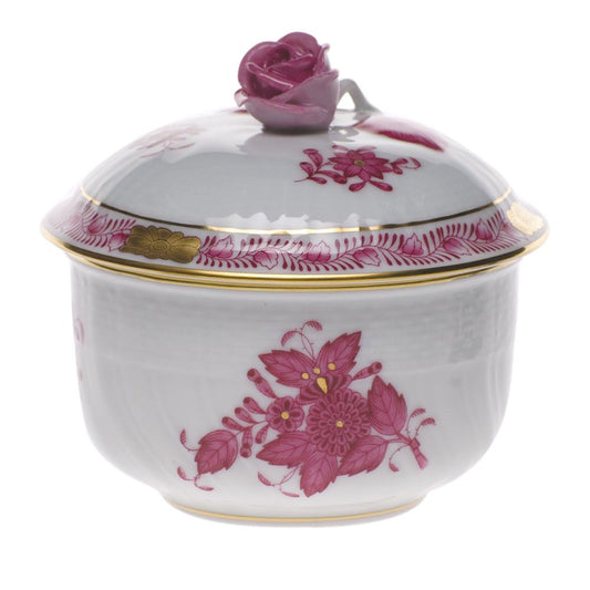 Herend Chinese Bouquet Raspberry Covered Sugar with Rose