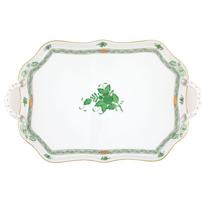 Herend Chinese Bouquet Green Rectangle Tray with Handles