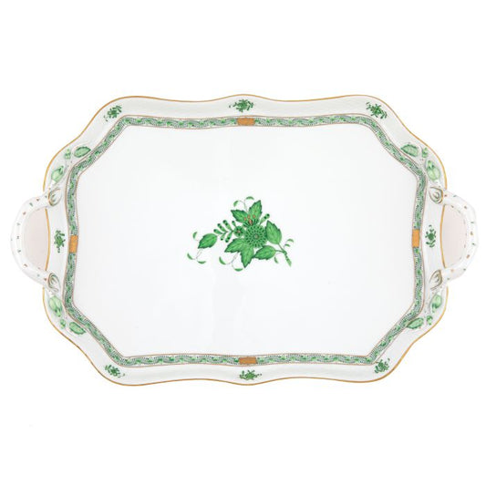Herend Chinese Bouquet Green Rectangle Tray with Handles