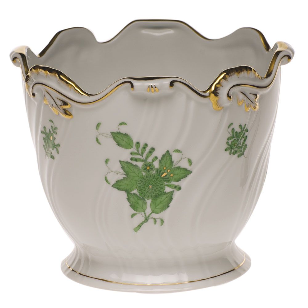 Herend Chinese Bouquet Green Ribbed Cachepot