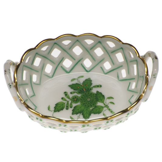 Herend Small Openwork Basket with Handles Chinese Bouquet Green