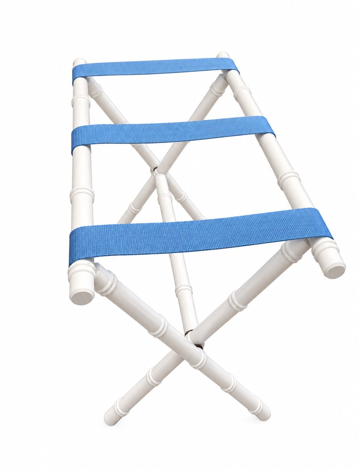 White Bamboo Luggage Rack with Blue Straps