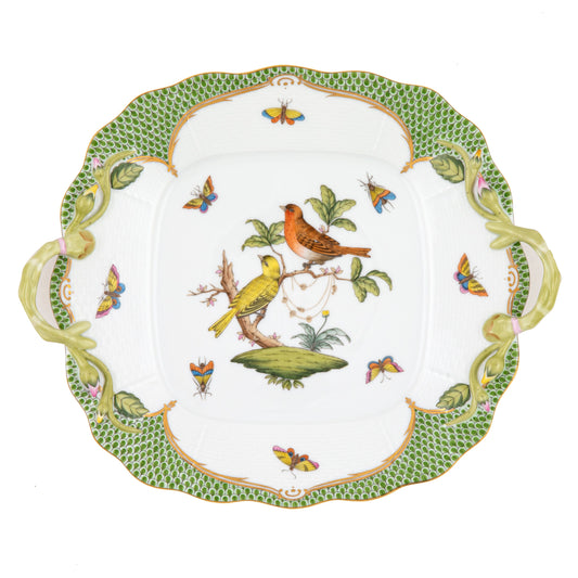 Herend Rothschild Bird Green Square Cake Plate with Handles