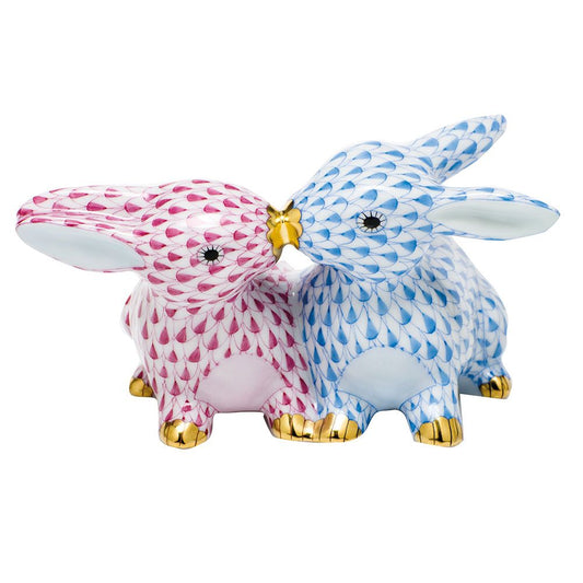 Herend Kissing Bunnies Raspberry and Blue
