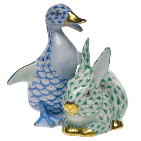 Herend Ducking and Bunny Blue and Green