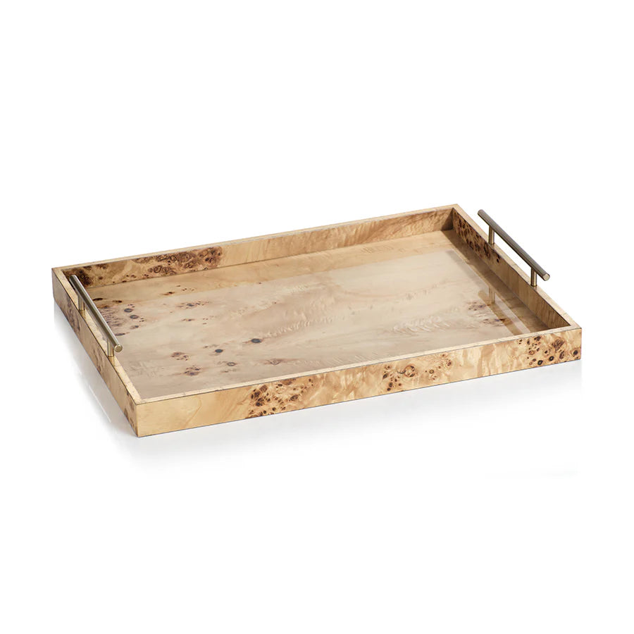 Burl Wood Rectangular Tray with Gold Handles