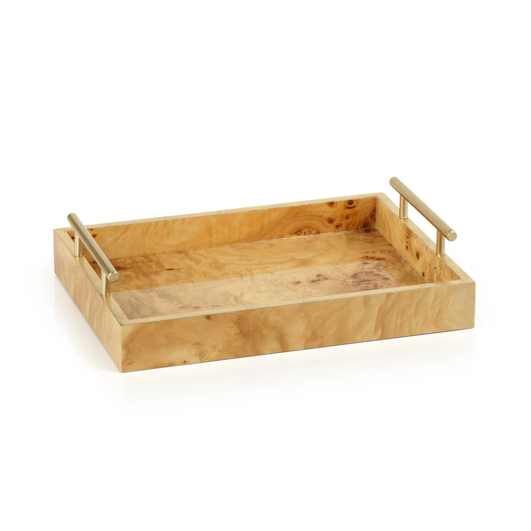 Burl Wood Rectangular Tray with Gold Handles Medium