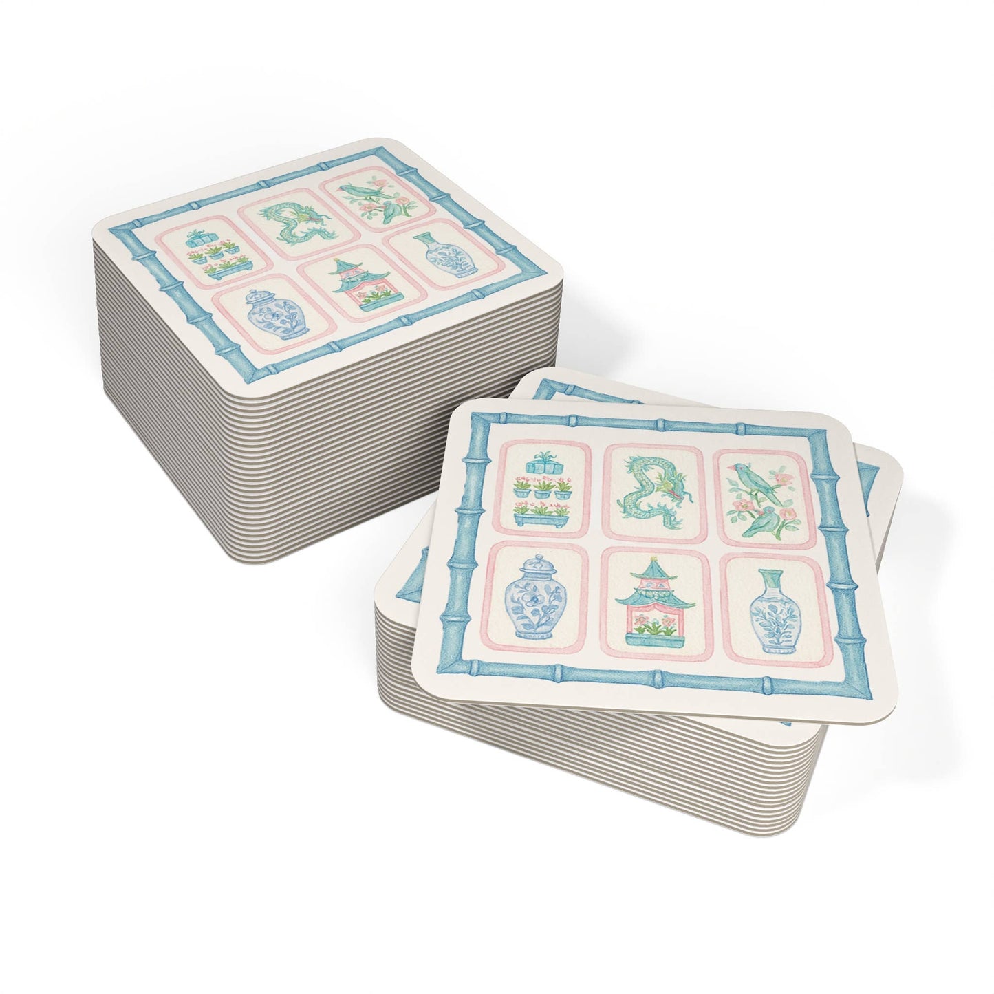 Mahjong Tile Pastel Chinoiserie Paper Coaster Set: 4