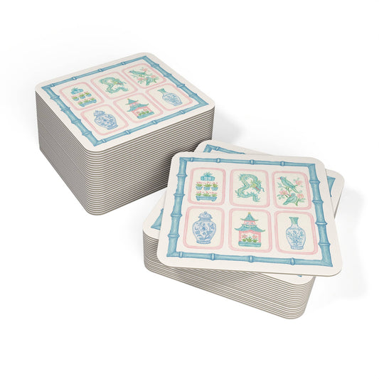Mahjong Tile Pastel Chinoiserie Paper Coaster Set: 4