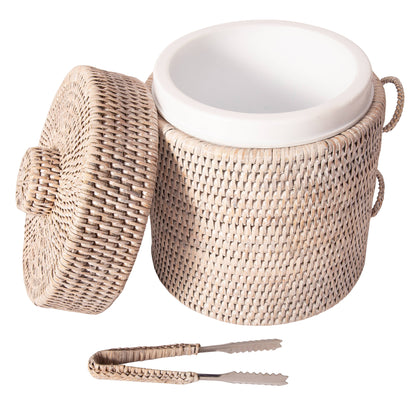 Rattan Ice Bucket with Tongs – Beverage Cooler: White Wash / Small
