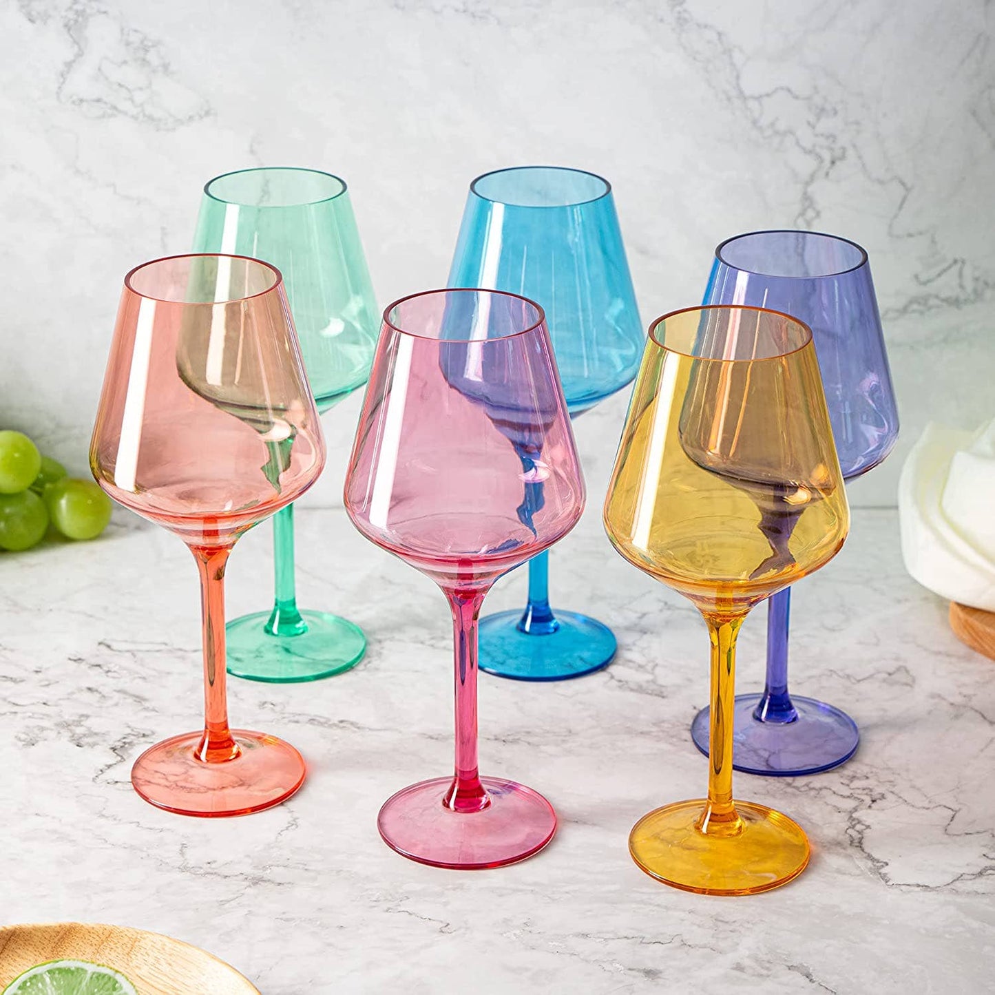 Unbreakable Colored Stemmed Wine Glasses, Acrylic oz Set - 6