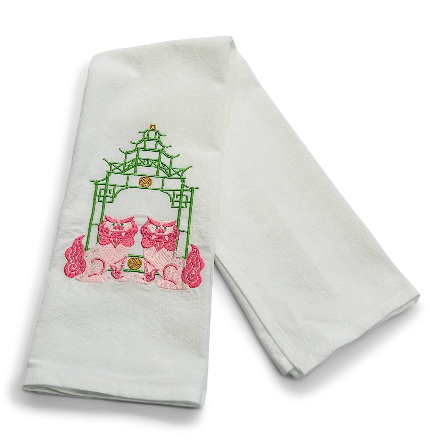 Towel - Pink Shisa Lions with Green Pagoda on white