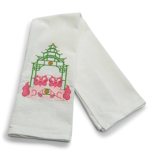 Towel - Pink Shisa Lions with Green Pagoda on white