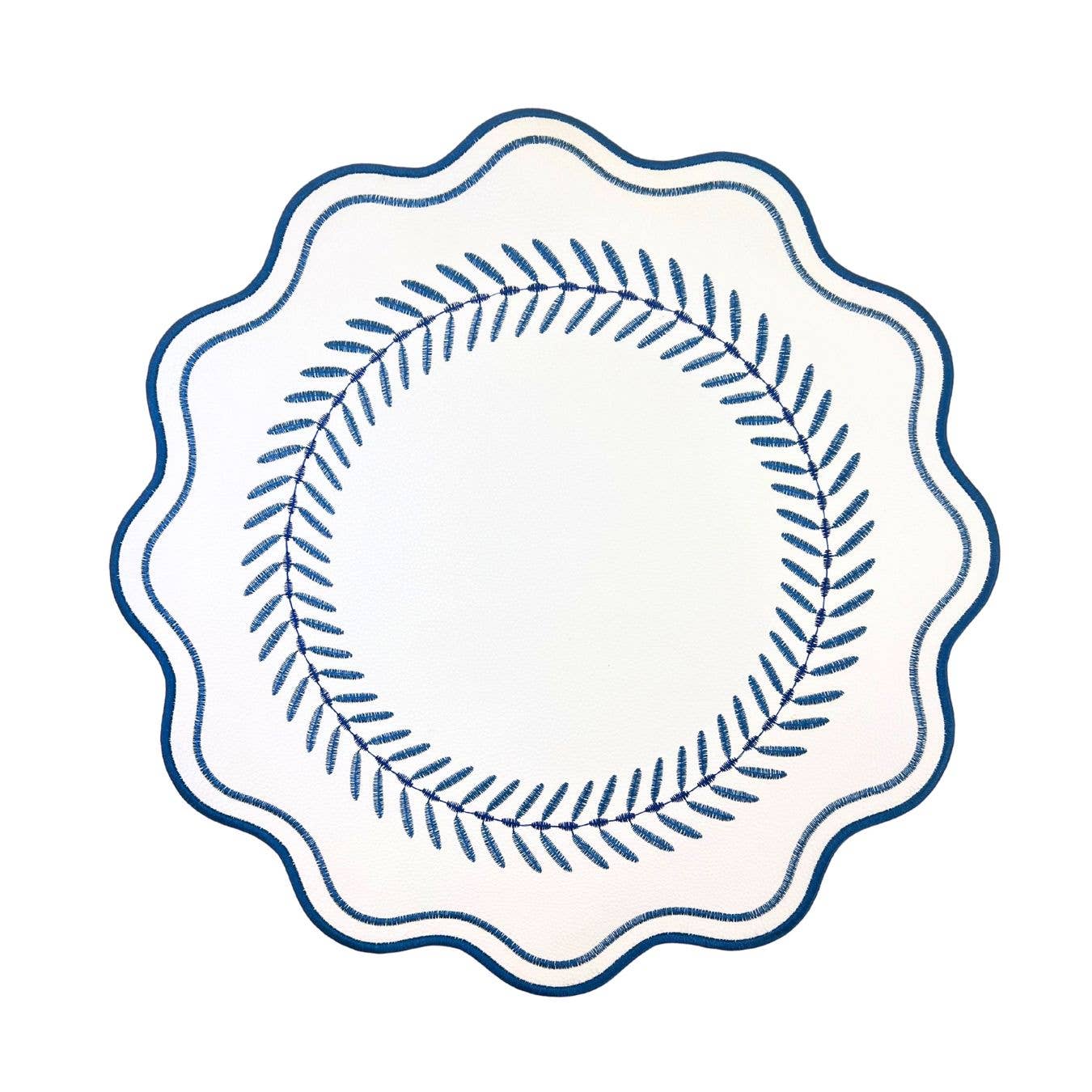 Scalloped Embroidered Feather Placemats Navy, Set of 4