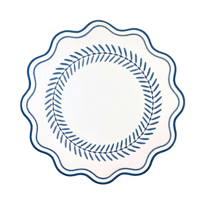 Scalloped Embroidered Feather Placemats Navy, Set of 4