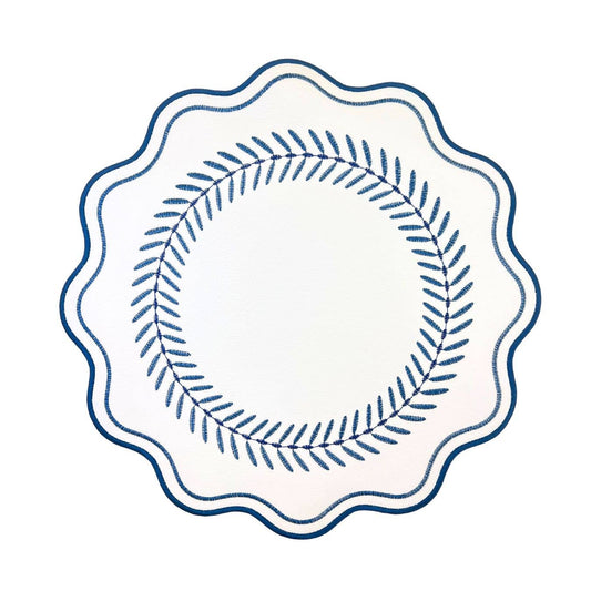 Scalloped Embroidered Feather Placemats - Navy, Set of 4