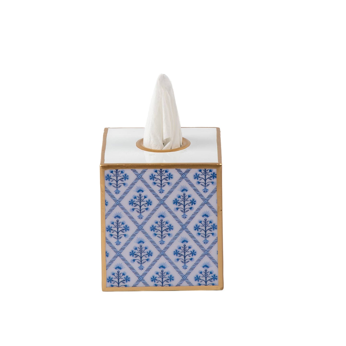 Marigold Lattice Enameled Tissue Box Cover: Blue