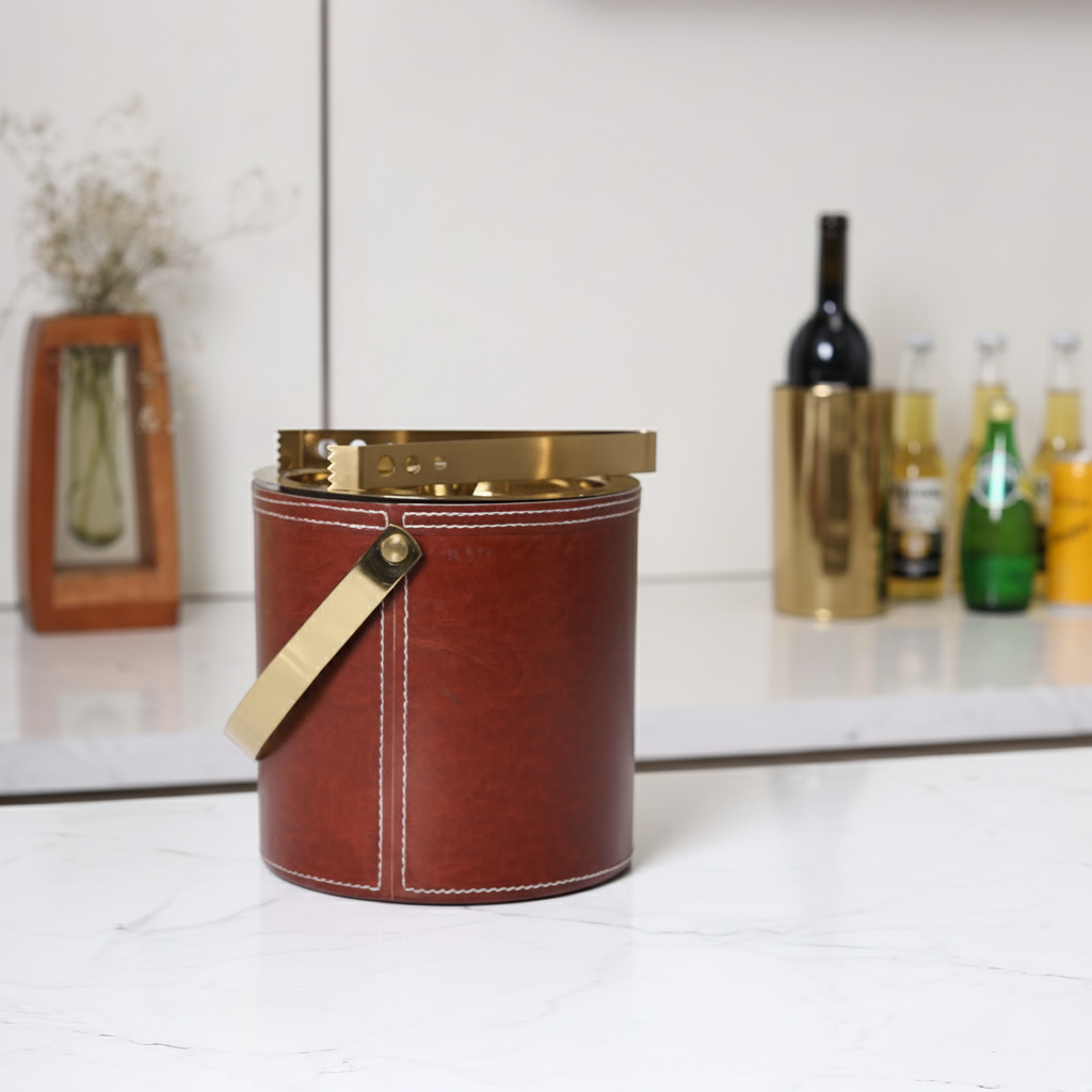 Faux Leather Ice Bucket w/ Tongs