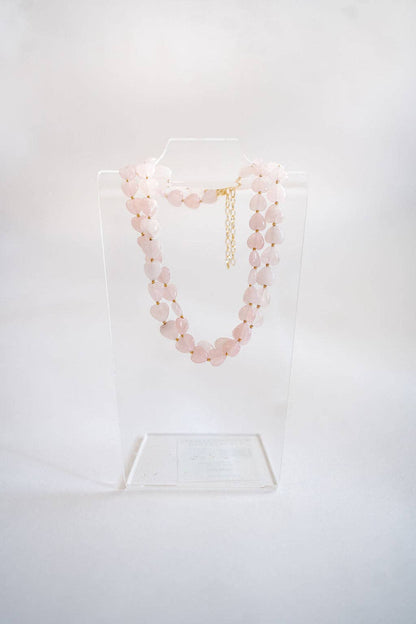 Heart- 14MM - Quartz Beaded Necklace - WS: Pink