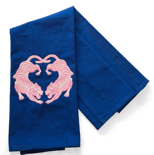 Towel - Twin Tigers Chinoiserie - Pink on navy