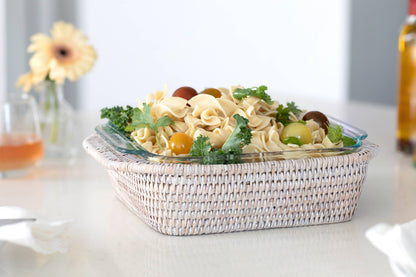 Rattan Square Baker Basket with Pyrex Dish: White Wash