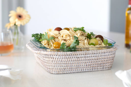 Rattan Square Baker Basket with Pyrex Dish: White Wash