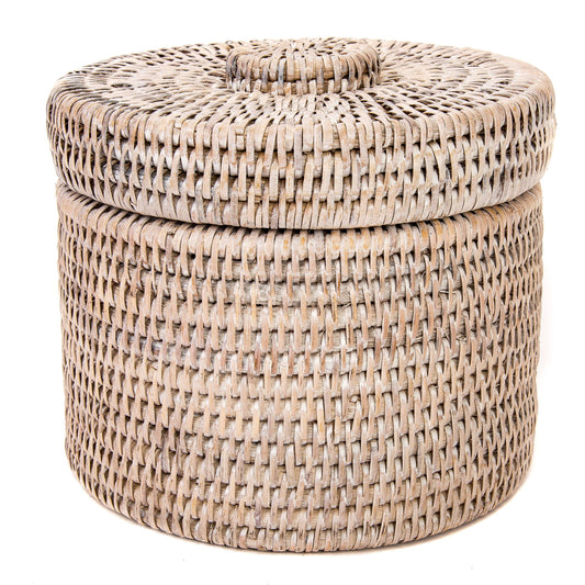 Rattan Round Single Tissue Roll Box: White Wash