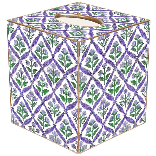 Lavender Block Print Floral Pattern Tissue Box: Paper Mache