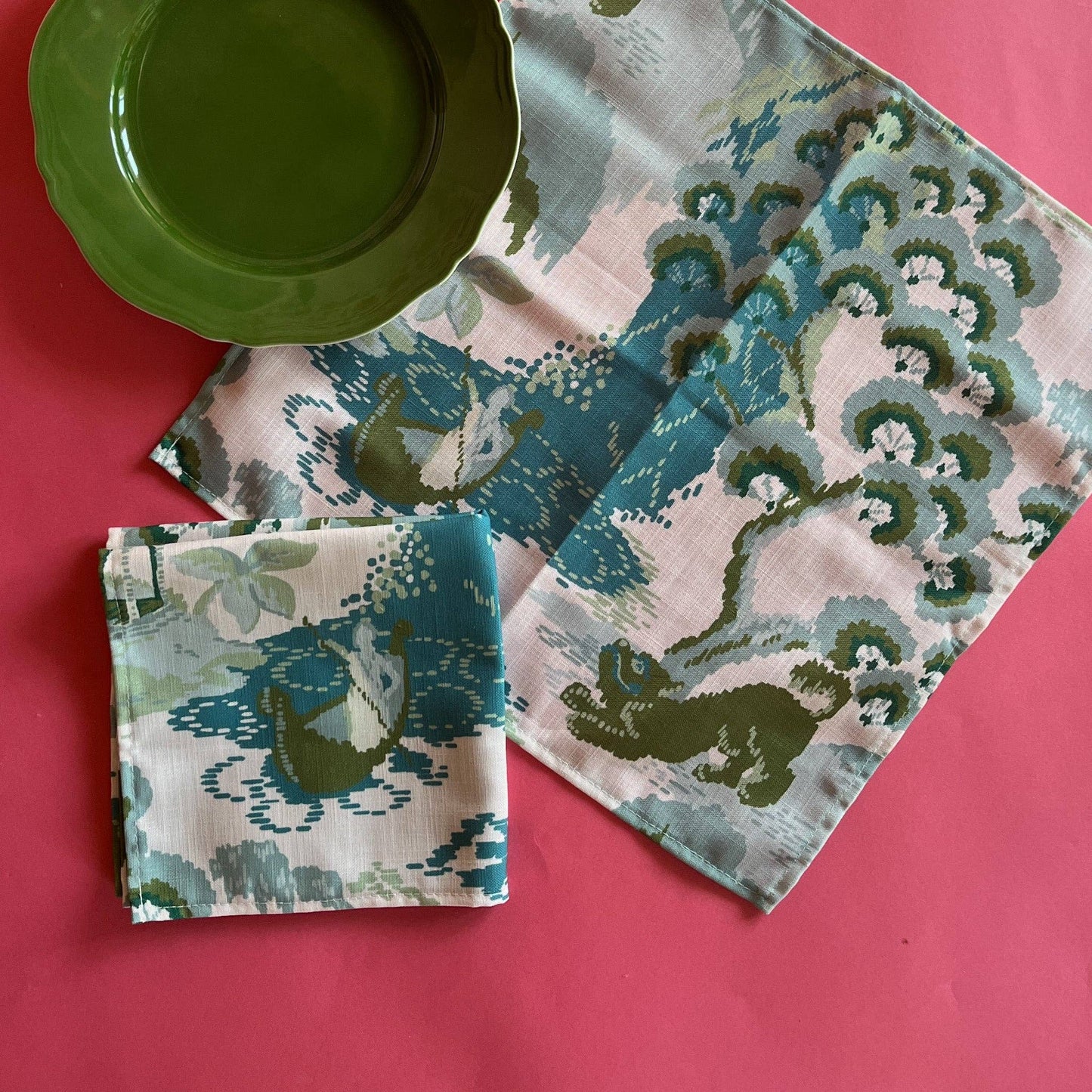Old Peking Green and Blue Chinoiserie Cloth Dinner Napkins, Set of 4