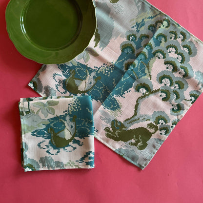 Old Peking Green and Blue Chinoiserie Cloth Dinner Napkins, Set of 4