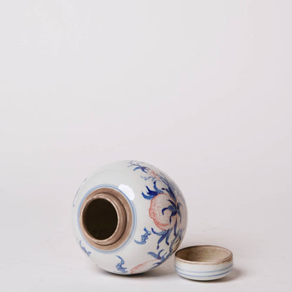 Red and Blue Porcelain Peach Round Storage Jar
