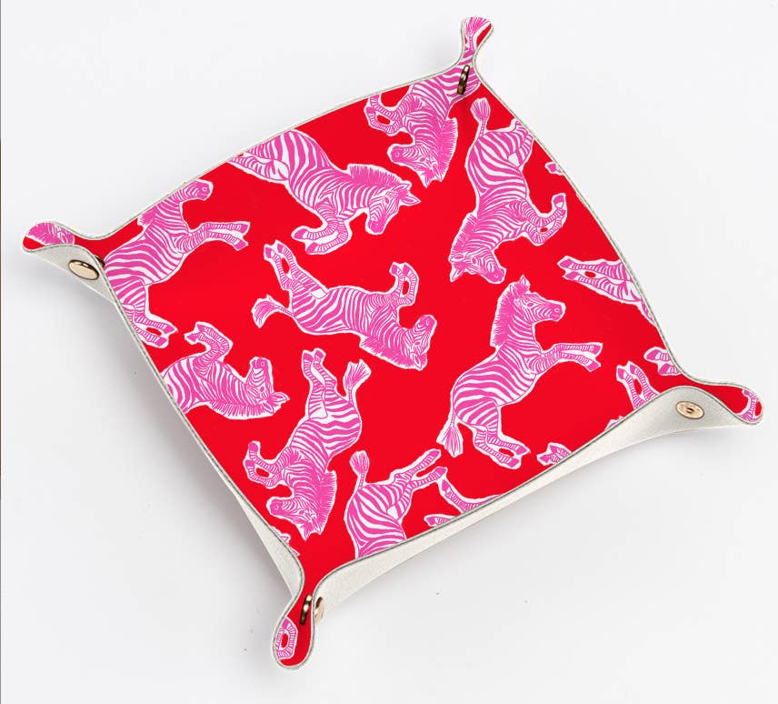 Cute trinket gift tray catchall | leather pink & red zebra