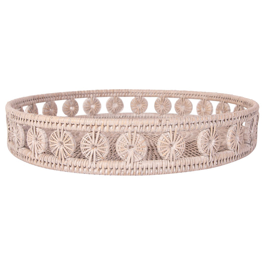 Rattan Inna Design Round Tray – Decorative Serveware: White Wash / 16"
