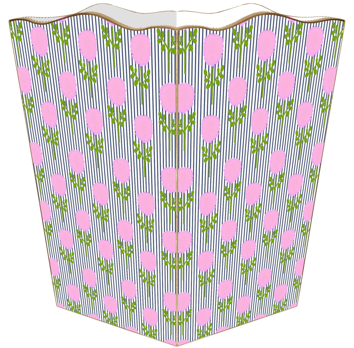 Marigold Ticking Stripe Pink by Laura Park Wastebasket: Wood Scalloped Top