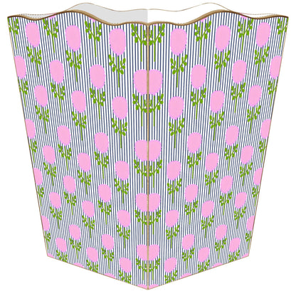 Marigold Ticking Stripe Pink by Laura Park Wastebasket: Wood Scalloped Top