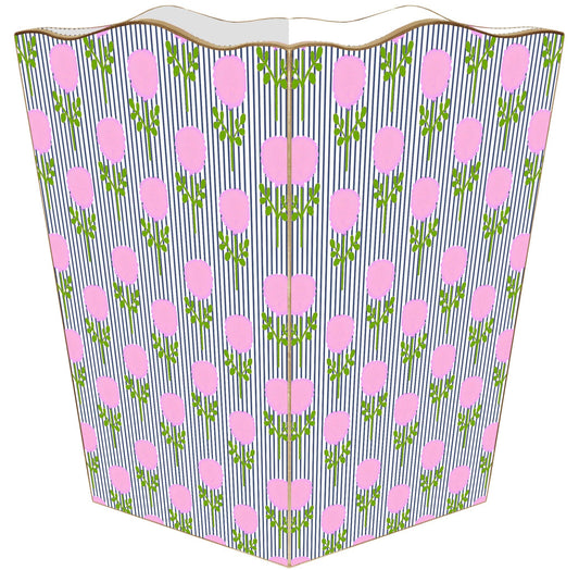 Marigold Ticking Stripe Pink by Laura Park Wastebasket: Wood Scalloped Top