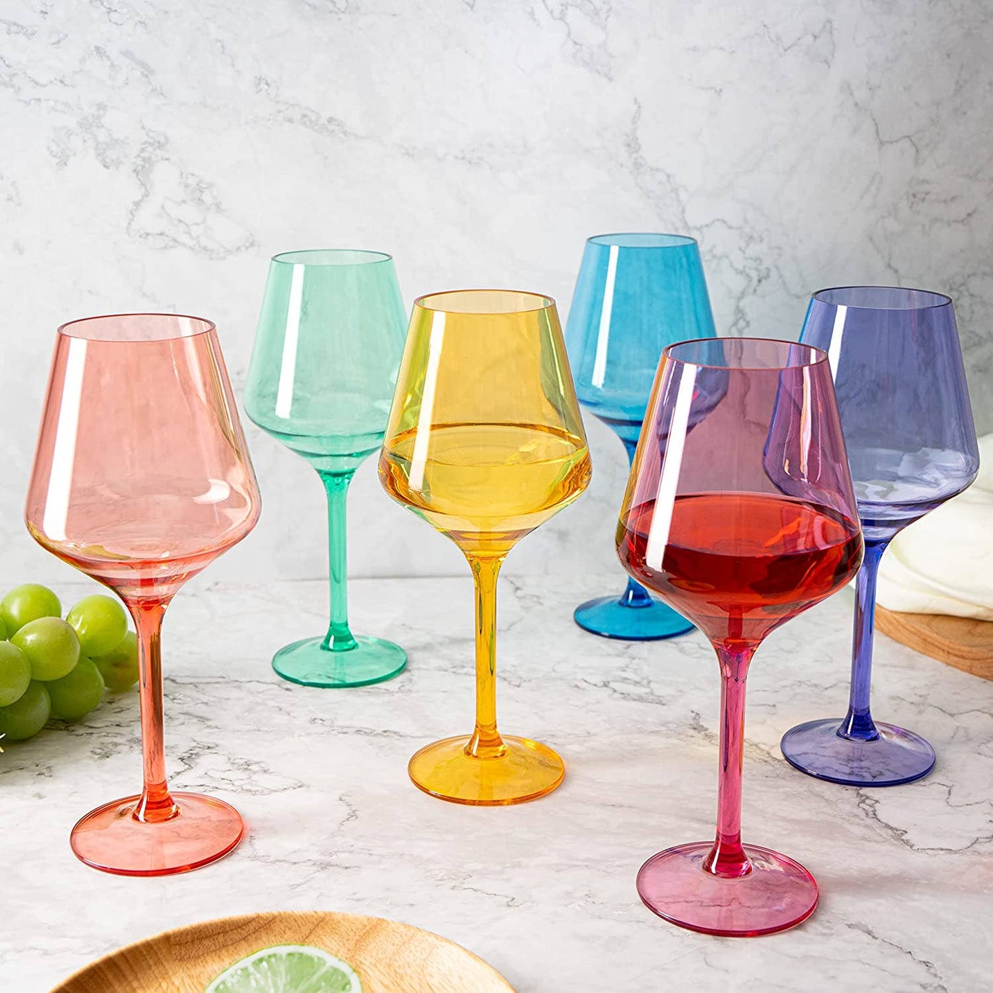 Unbreakable Colored Stemmed Wine Glasses, Acrylic oz Set - 6