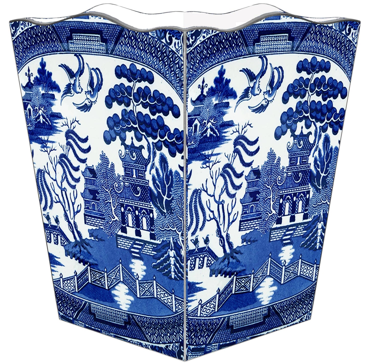 Blue Willow Wastepaper Basket: Scalloped Top