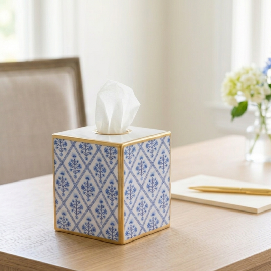 Marigold Lattice Enameled Tissue Box Cover: Blue