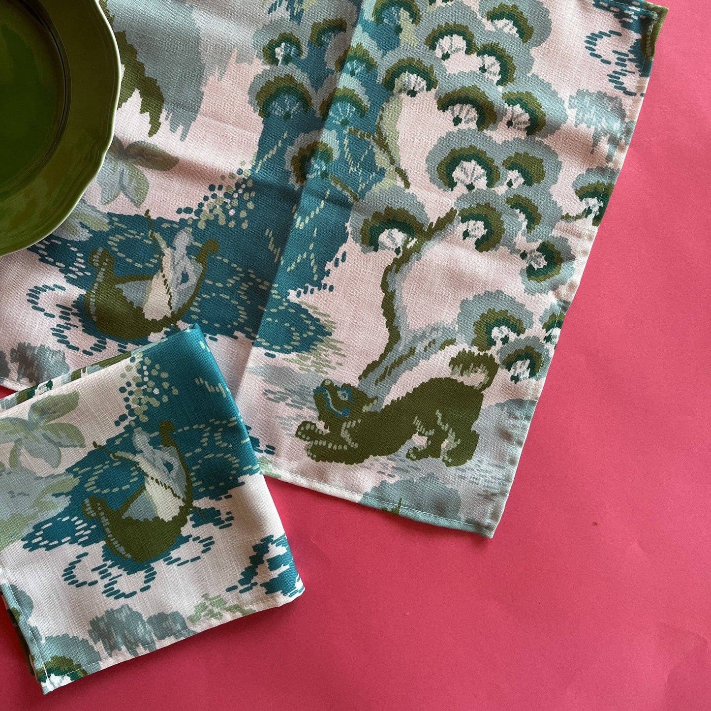 Old Peking Green and Blue Chinoiserie Cloth Dinner Napkins, Set of 4