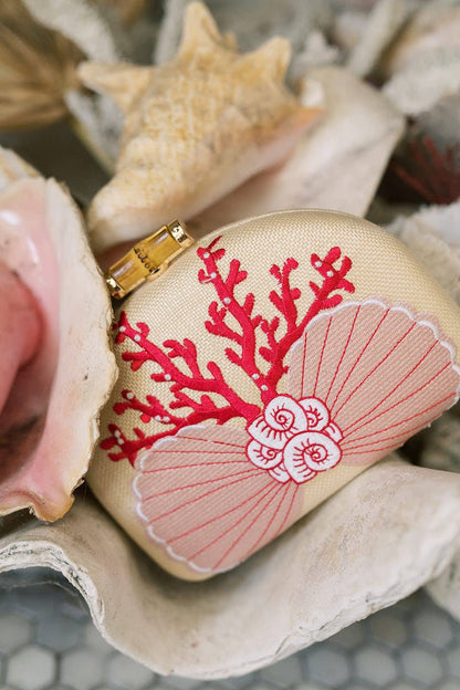 Coral and Shell Clutch- Embroidered - WS: Pink