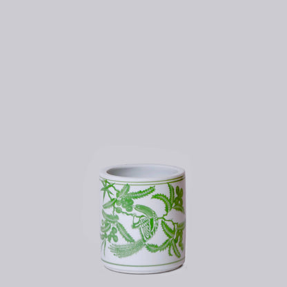 Tiny Green and White Porcelain Bird and Flower Cachepot