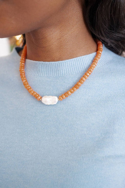 Susie- Quartz Beaded Necklace with freshwater Pearl - WS: Light Blue